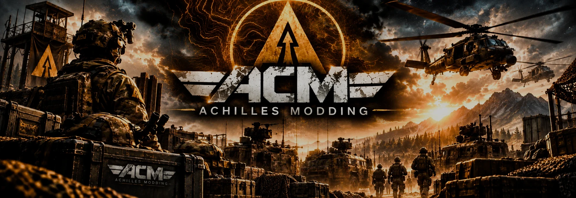 Achilles Modding — a forward operating base at sunset: an operator on an overwatch position, Black Hawks inbound, and a column of armoured vehicles on the move
